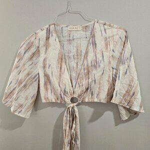 Shoe Fly Ladies Knotted Crop Top Small Artsy Watercolor Wide Loose Sleeve